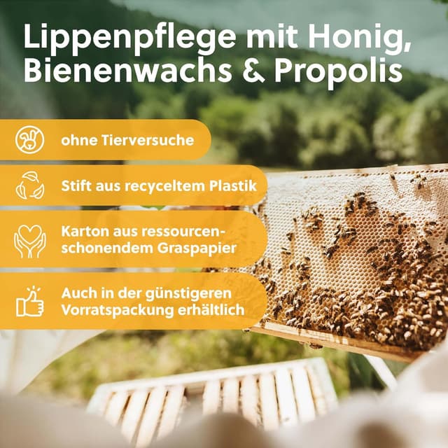 Detalle de beegut Manuka Lippenpflege mit Manuka Honig MGO 400+, Propolis & Bienenwachs – intensive Pflege für sehr trockene Lippen