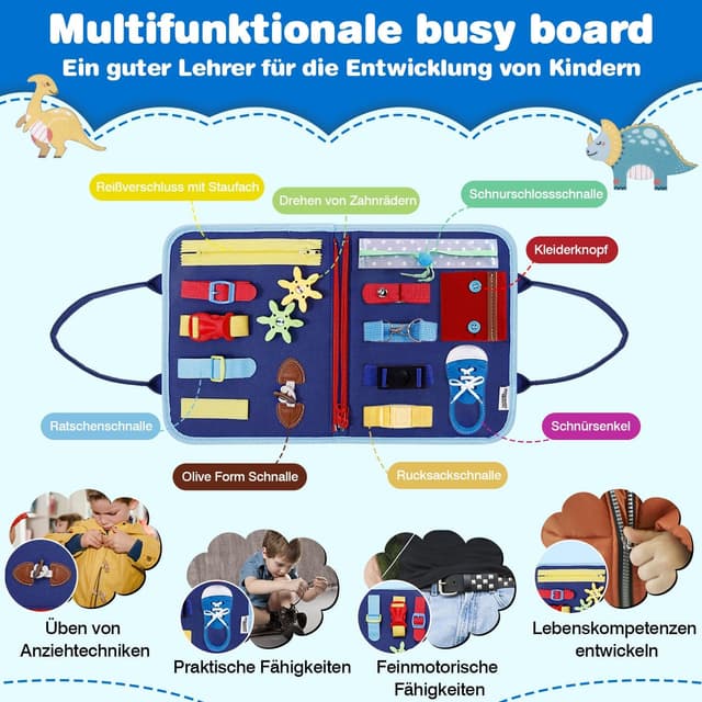 Detalle 2 de JHkim Montessori Busy Board (Deutsch) für Kinder ab 1–4 Jahre – Motorikbrett für Reise, Auto & Flugzeug