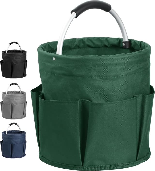 Detalle de IHOMAGIC Foldable Storage Bin with 6 Outer Pockets (17L) – Round Tool Basket, Carrying Hamper, Blackish Green