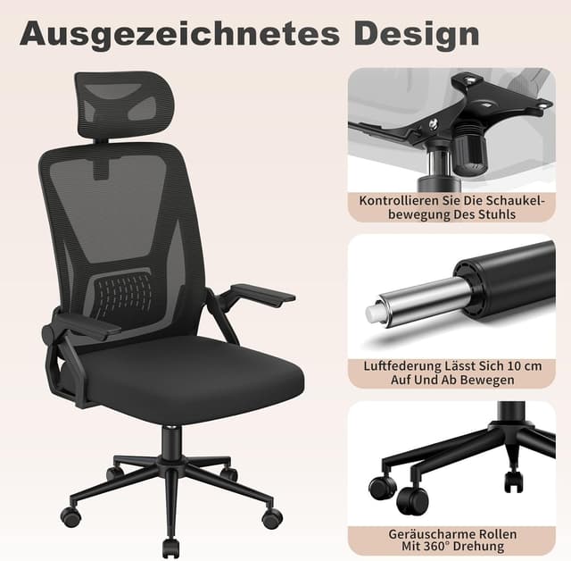 Thumbnail 6 de naspaluro Ergonomischer Bürostuhl mit 90° klappbaren Armlehnen, Mesh-Polster und verstellbarer Kopfstütze (Schwarz)