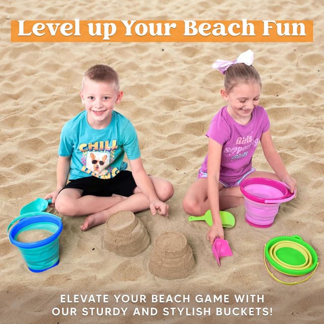 Detalle de JOYIN 3-teiliges Set faltbarer Eimer mit Schaufeln & Netztasche (blau/rosa/grün) – Strandspielzeug & Campinghelfer