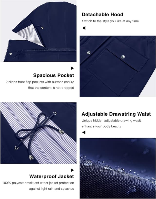 Detalle 1 de Bloggerlove Women’s Lightweight Rain Jacket (Waterproof Windbreaker, Hooded, Striped Lining) – S–XXL