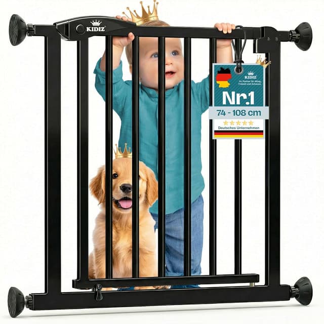 Detalle de KIDIZ Treppenschutzgitter ohne Bohren (verstellbare Breite 102–108 cm, 75 cm hoch) – Schwarz