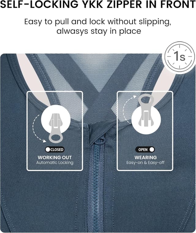 Detalle de Yvette High Impact Zip-Front Mesh Racerback Sports Bra (High Support) for Women