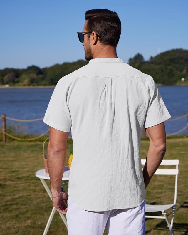 Detalle de YAOBAOLE chemise en lin homme à manches courtes col mao (style henley) pour l’été casual