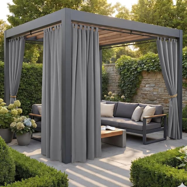 Detalle de PONY DANCE Terrasse Vorhänge Outdoor (4er-Set) mit abnehmbaren Schlaufen, Grau – 213 x 132 cm