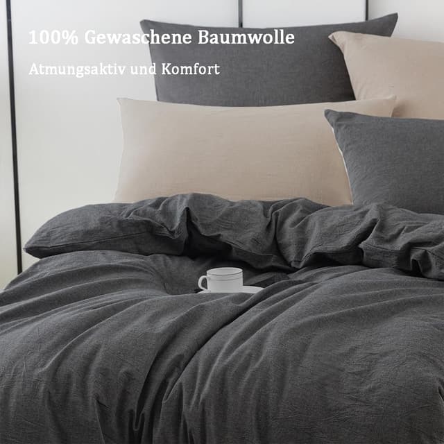 Detalle 2 de Nesture Bettwäsche-Set 135x200 aus gewaschener Baumwolle in Anthrazit (2-teilig) – weich & mit Reißverschluss