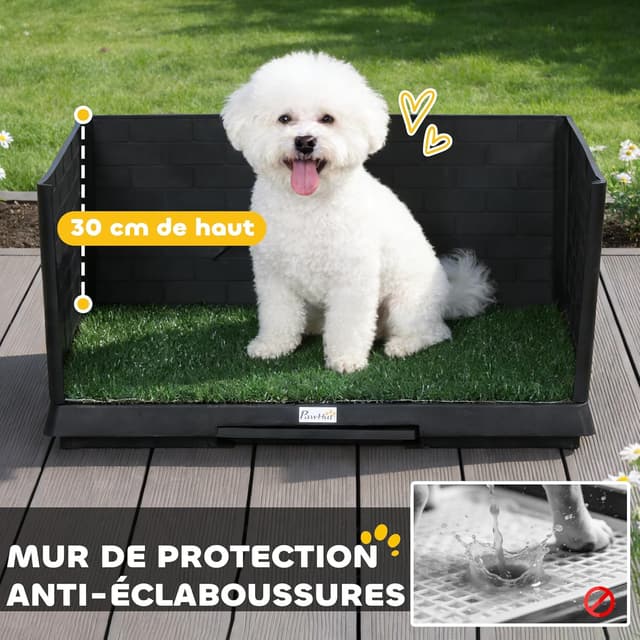 Detalle de PawHut Toilette pour chien avec gazon artificiel, parois hautes et plateau coulissant (75x51x36,5 cm) – Noir