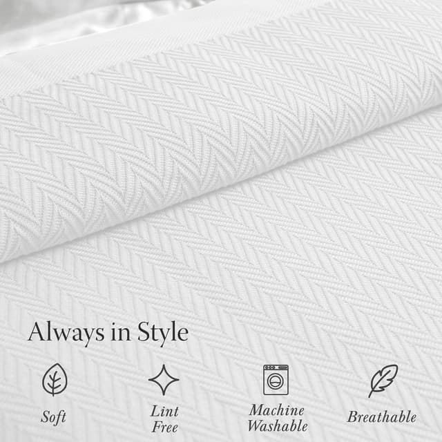 Detalle 2 de Threadmill Luxury Cotton Blanket (Queen) — 100% Cotton Herringbone Throw, White, 90x92 inches