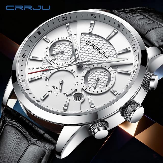 Detalle 2 de CRRJU Herren Chronograph Uhr mit Lederarmband, Analog-Quarz und Datumsanzeige – schwarz
