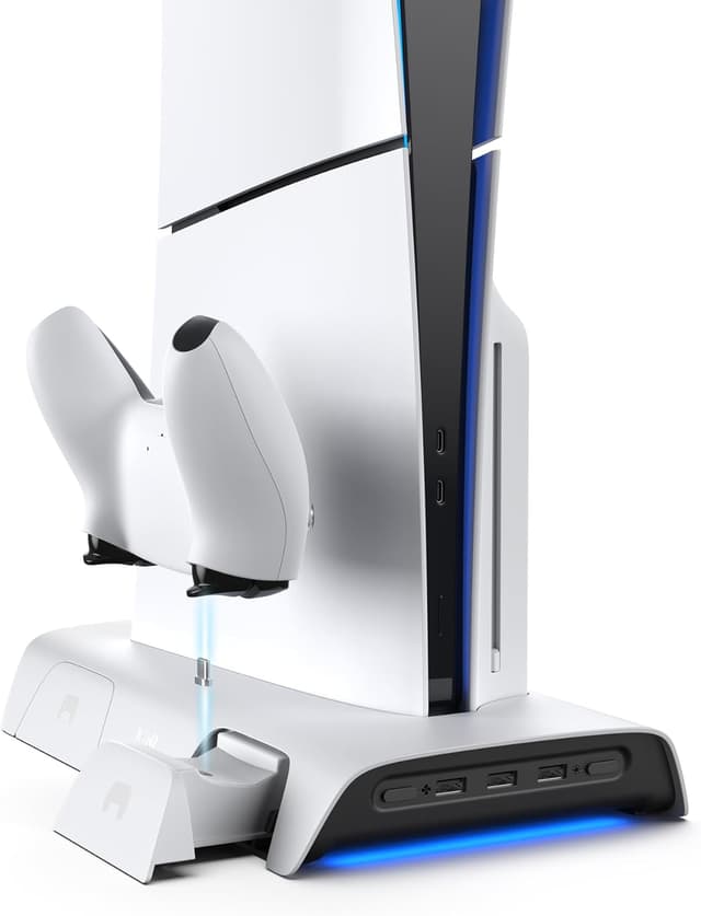 Detalle de KIWI design D3 Cooling Station for PS5 Slim (2023) — press-and-pull charging stand with RGB