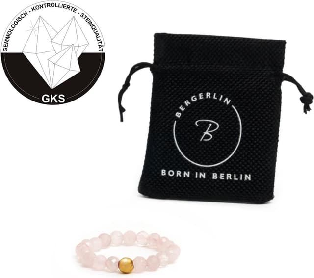 Detalle 2 de BERGERLIN Echter Naturstein Perlen Ring mit Rosenquarz, vergoldeter Perle & Echtheitszertifikat – Unisex Fidget-Ring für Stressabbau