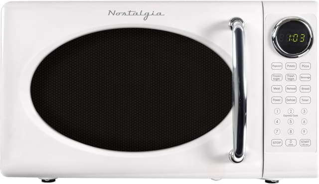 Detalle de Nostalgia Retro Microwave Oven (0.7 Cu Ft, 700-Watt) with Glass Turntable, Child Safety Lock, 8 Auto-Cook Programs & Digital Clock (White)