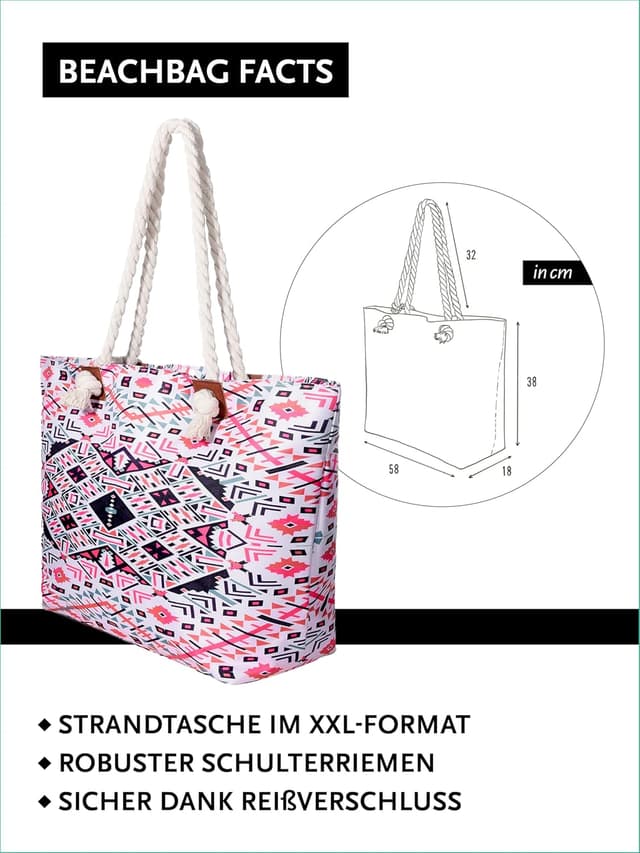 Detalle 2 de DonDon Strandtasche XXL mit Reißverschluss – große Beach bag & Shopper Tasche Damen inkl. Mini-Tasche