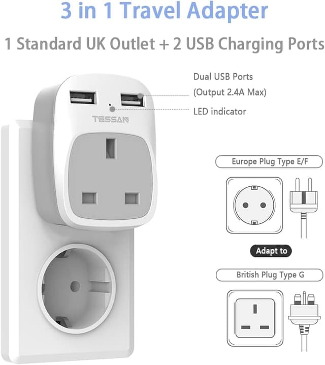 Detalle de TESSAN UK to Europe plug adapter 3 pack