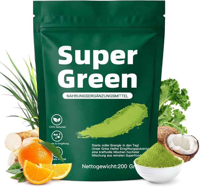 Detalle de Grüne Entgiftungspulver (200 g) – Superfood Greens Pulver mit Spirulina, Gerstengras, Kurkuma & Vitamin D3