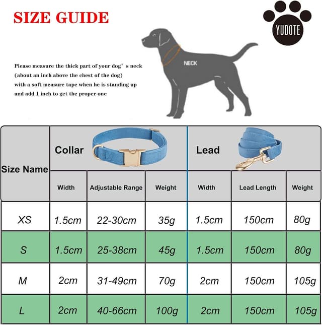 Detalle 2 de YUDOTE Dog Collar and Lead Set (Small) in soft corduroy with quick-release clip, Blue