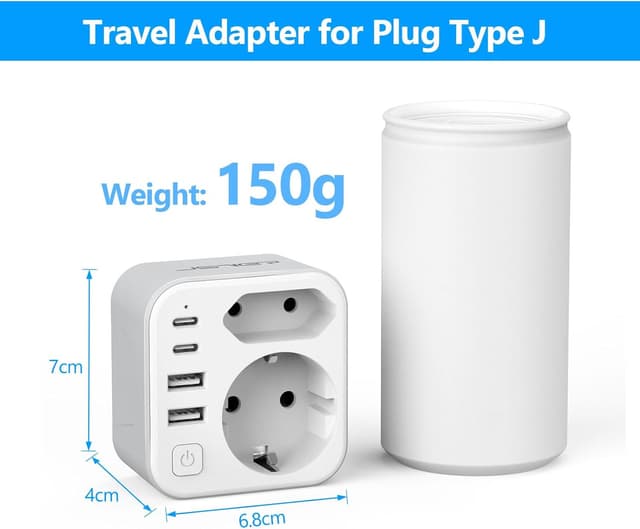 Detalle de JSVER adattatore da viaggio 6 in 1 per Svizzera: 1 presa Schuko + USB-A e USB-C (bianco)
