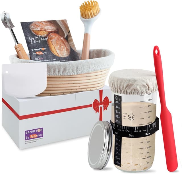 Detalle de Gärkörbchen Sauerteig-Starterglas-Set mit ovalem Gärkorb, Schaber, Cutter, Liner & Zubehör