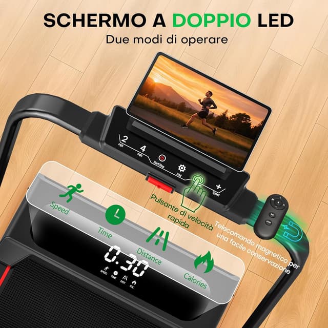 Detalle 2 de Tapis Roulant Elettrico Pieghevole 1-12 km/h “5 in 1” con doppio display LED, supporto app e telecomando