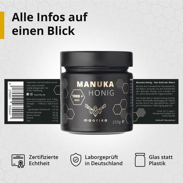 Detalle de Manuka Honig 1000 MGO + 250 g im Glas – laborgeprüft, zertifiziert aus Neuseeland (maorika)