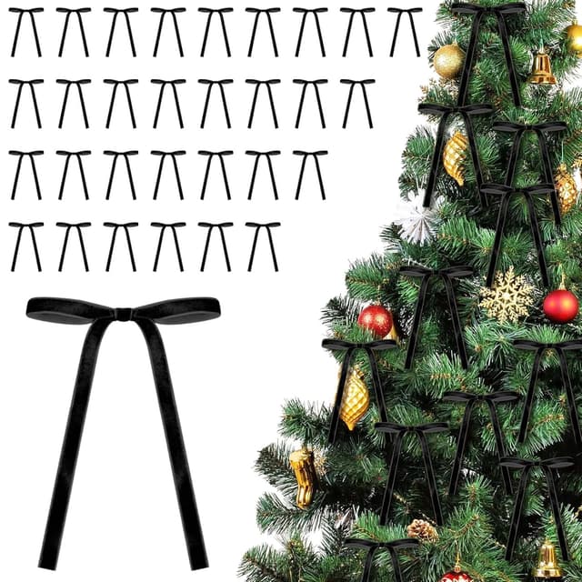 Detalle de 30 Pack Black Velvet Christmas Tree Bows – Vintage-style wreath ribbon bows for indoor or outdoor decorating