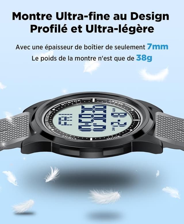 Thumbnail 6 de WIFORT Montre digitale étanche hommes/femmes avec chronomètre, alarme et affichage grand angle