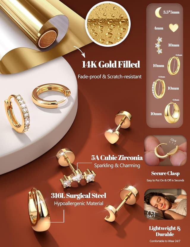 Detalle de Diamday 6 Paar Ohrringe Set (Gold/Silber) aus Chirurgenstahl – hypoallergen für Ohrstecker & Creolen