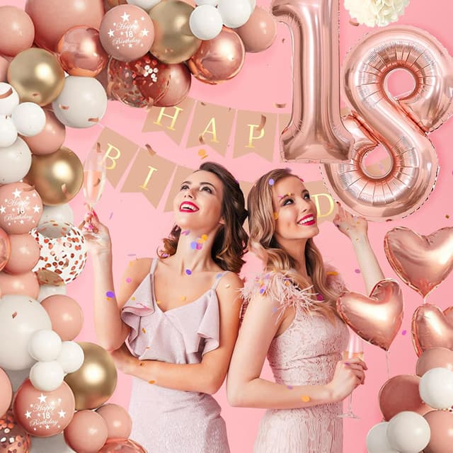 Detalle de Decoration Anniversaire 18 Ans Fille : ballon or rose, arche et bannière « Joyeux Anniversaire »
