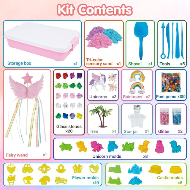 Detalle 2 de snookids Einhorn-Sandspielzeug-Set mit Himmelssand, 24 Formen & Aufbewahrungsbox (690 g)