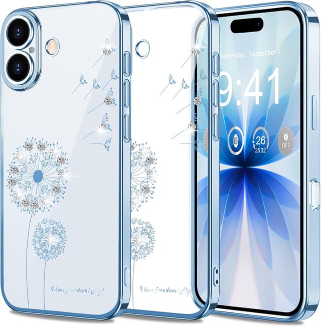 Detalle de 2Buyshop iPhone 17 Hülle aus transparentem Silikon – Löwenzahn Blumen & Glitzer, ultradünn, stoßfest