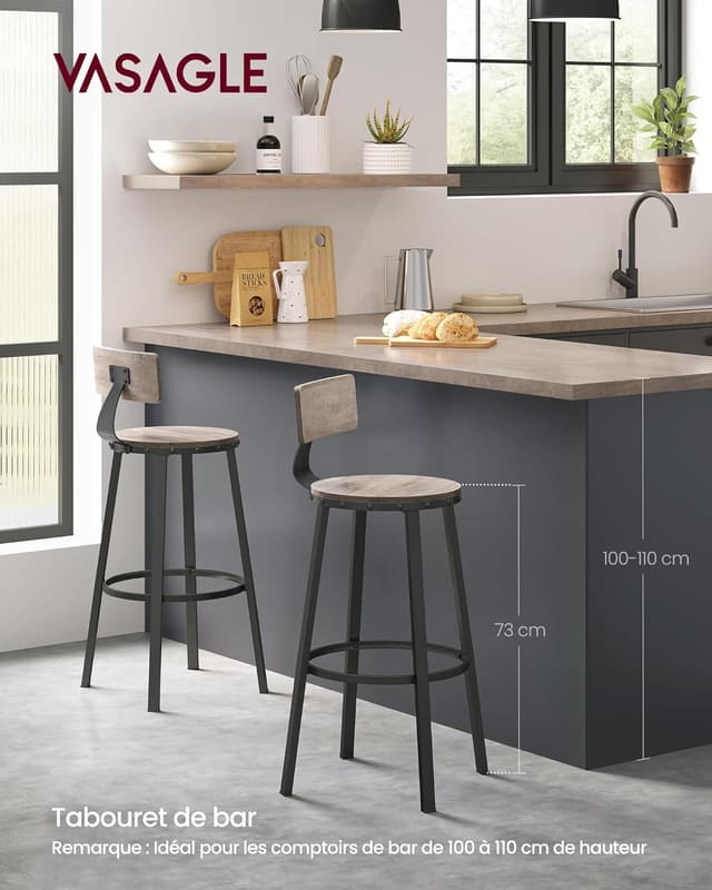 Thumbnail 5 de VASAGLE Tabouret bar industriel lot de 2, siège 73,5 cm