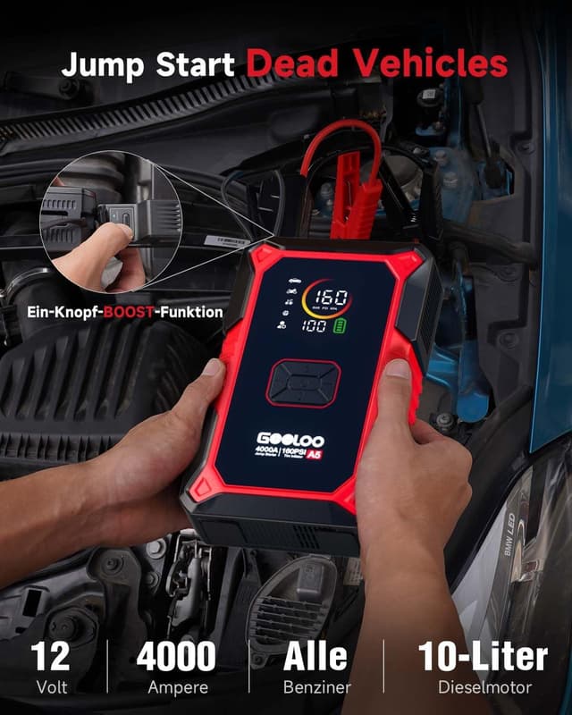 Detalle de GOOLOO A5 Starthilfe Powerbank mit Kompressor – 4-in-1 Jumpstarter für 12V (Benzin & bis zu 10L Diesel) mit 160 PSI Pumpe