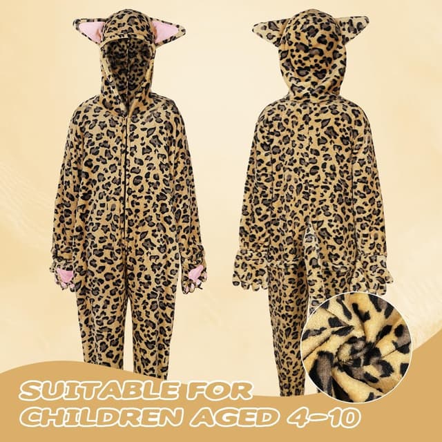 Detalle de AUYAO Leopard-Overall für Kinder: Leopardenanzug als Einteiler-Katzenkostüm mit Kapuze
