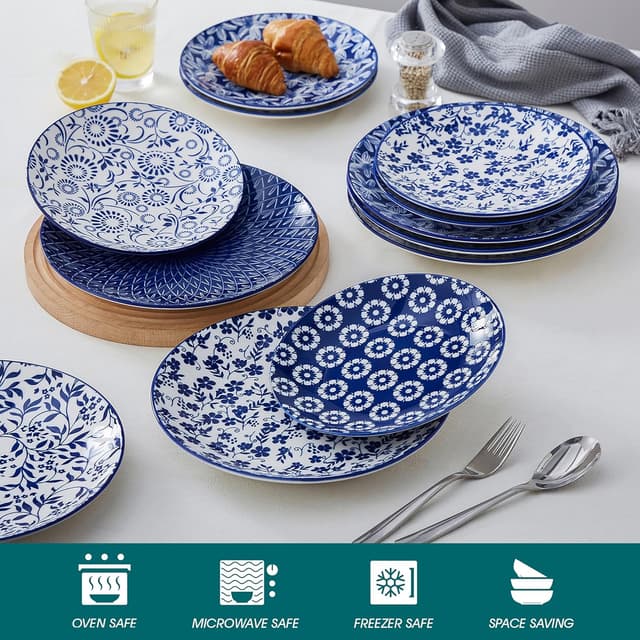 Detalle de vancasso SELENE Salatteller 6-teilig (Porzellan), Dessert- und Kuchenteller Ø 21 cm – Blau-Weiß Vintage