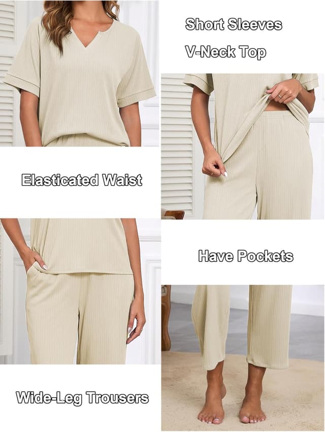 Detalle de Famulily women’s lounge wear set: textured stripe V-neck top and wide-leg trousers with pockets