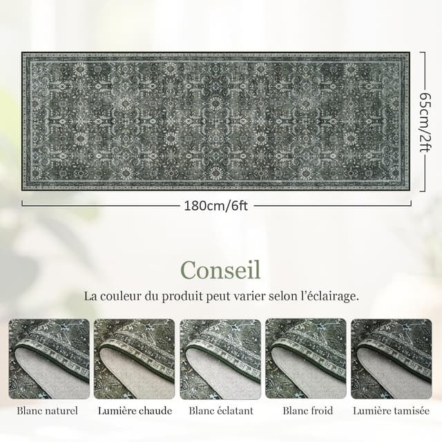 Detalle 2 de Tapis de couloir IMIYOKU 65 x 180 cm vert foncé lavable antidérapant