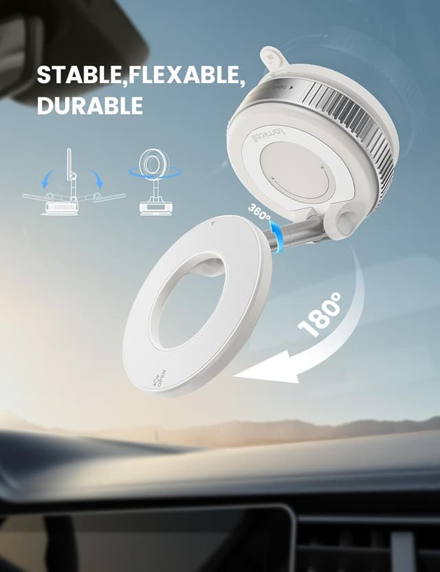 Detalle de Lamicall Vacuum Magnetic Car Phone Holder (2025) with MagSafe-style support and 360° rotation – White