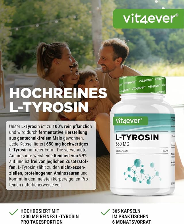 Detalle de vit4ever L-Tyrosin 365 vegane Kapseln (1300 mg pro Tagesportion) – Extra hochdosiert