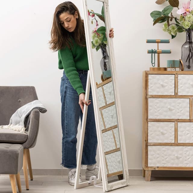 Detalle de Montemaggi specchio da terra con inclinazione regolabile in legno bianco opaco (40x4x160 cm)