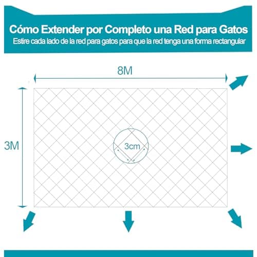 Detalle 2 de NieKilig red para gatos transparente 8x3 m (sin taladro) para terraza, balcones y ventanas