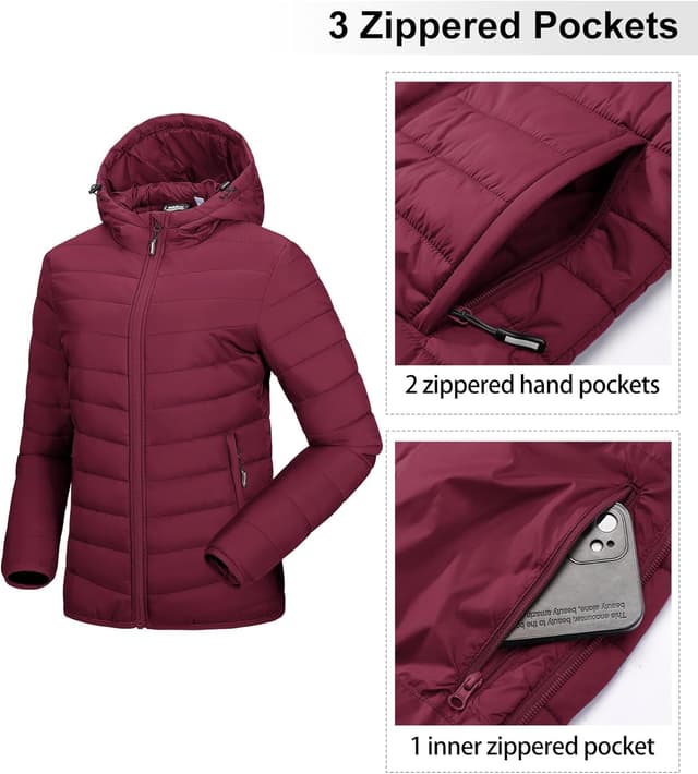 Detalle 2 de Outdoor Ventures Damen Steppjacke – leichte, packbare Übergangsjacke mit Kapuze