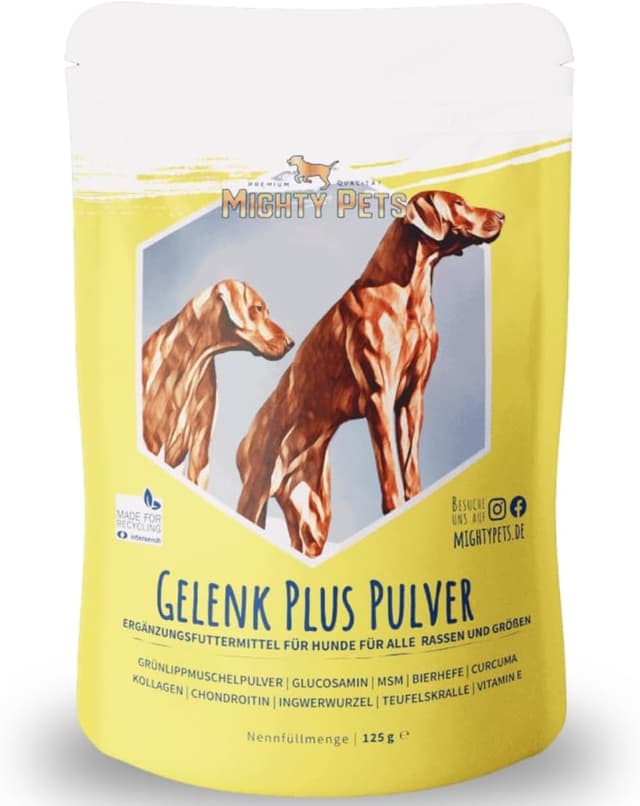 Detalle de Mighty Pets GELENK Plus Pulver für Hunde (bis 125 Portionen) mit Grünlippmuschel, MSM & Kurkuma