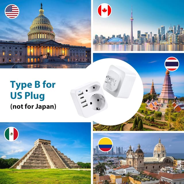 Detalle 2 de USA Reiseadapter mit 3 USB + USB-C (bis 3,4 A) für Deutschland/Europa-Stecker