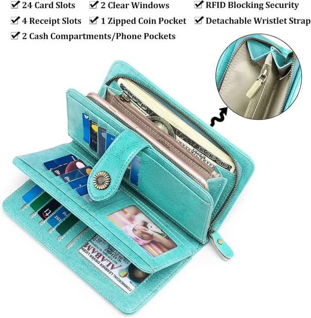 Detalle de SENDEFN Damen-Geldbörse aus Leder (groß) mit RFID-Schutz, 24 Kartenfächern und abnehmbarem Armband