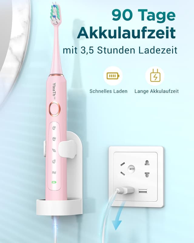 Detalle de Brosse à dents électrique sonique pour dents sensibles (adultes & enfants) Rose Bonbon — 5 modes, 8 têtes et étui de voyage, IPX7