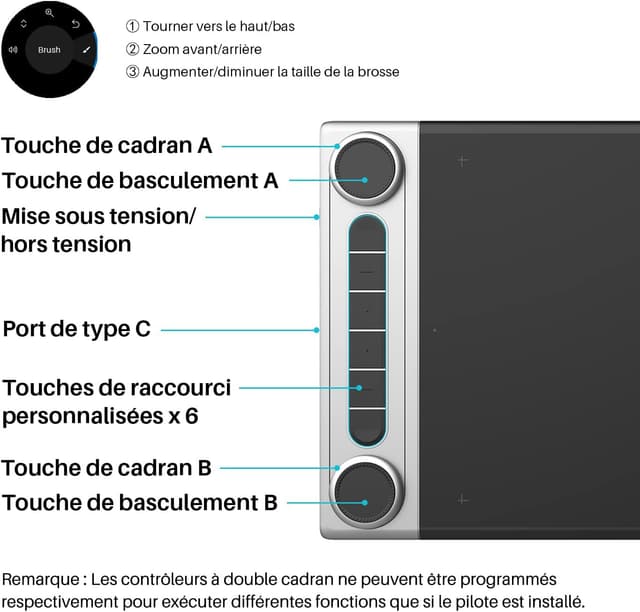 Detalle de HUION Inspiroy Dial 2 : tablette graphique Bluetooth 5.0 compacte avec double roulette