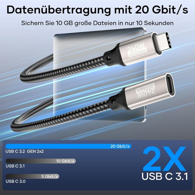 Detalle de USB-C-Verlängerungskabel 2 m (USB 3.2 Gen 2, 20 Gbit/s) mit bis zu 240 W Laden und Video bis 5K@60 Hz / 4K@144 Hz