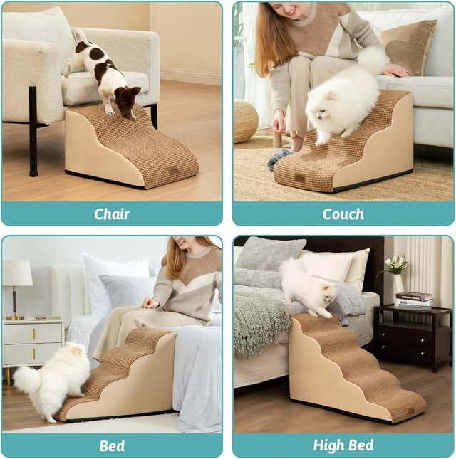 Thumbnail 6 de Cozy Kiss Dog Stairs for High Bed (22.6" H) – 5 Tiers, Leakproof Cover, High-Density Foam Pet Steps, Light Brown