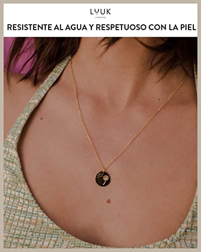 Detalle de LUUK LIFESTYLE collar de acero inoxidable con colgante diente de león, chapita flor y tarjeta HAPPINESS (50 cm)